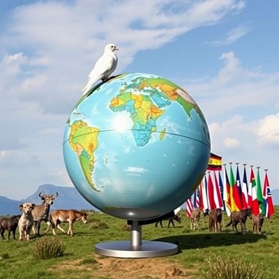 The Dove of peace. Flags of the nations of the world. The animals. The ecosystem. The higher intelligences. Man can build a higher civilization if he can live in harmony with the other beings on Earth and in the universe. Peace is not really elusive. Man can reject hate and racism. Man can build his place of abode more dynamically. Earth can become a paradise colony.